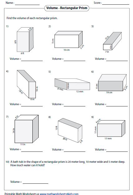 Volume of a rectangular prism worksheet