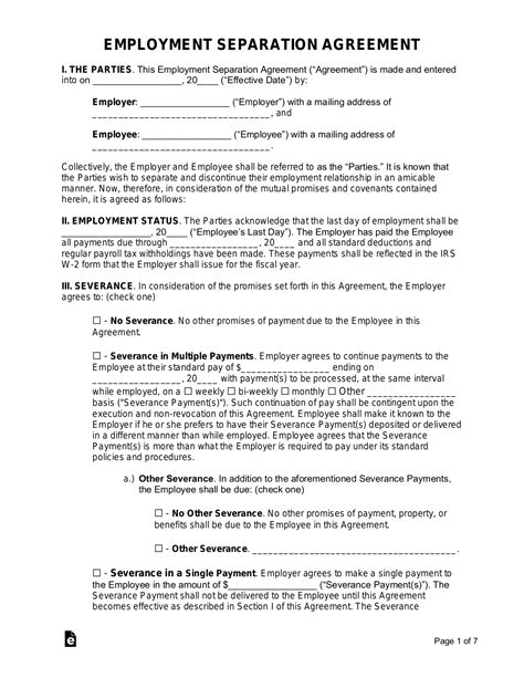 Voluntary Employment Separation Agreement Template