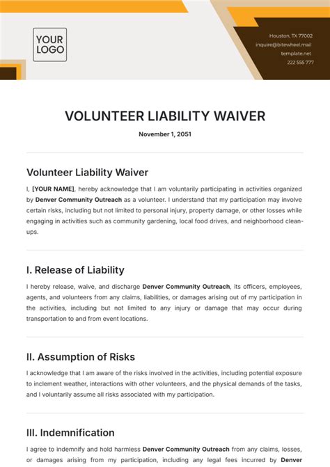 Volunteer Liability Waiver Template
