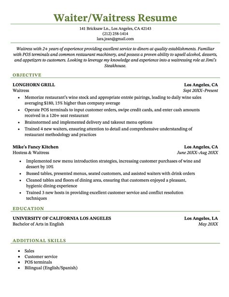 Waitress Resume Description