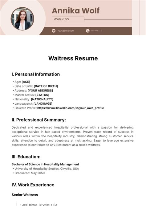 Waitress Resume Template Free
