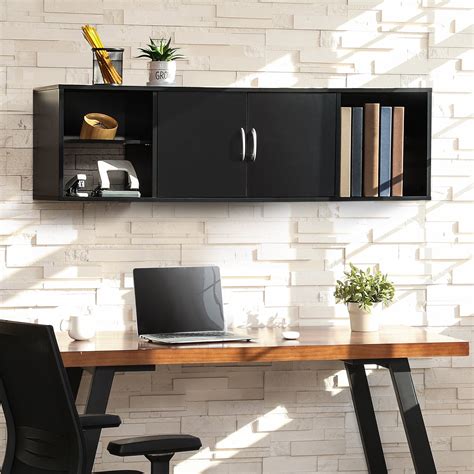 Wall Mounted Office Computer Desk and Floating Hutch Brown