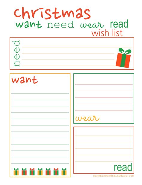 Want Need Wear Read Printable