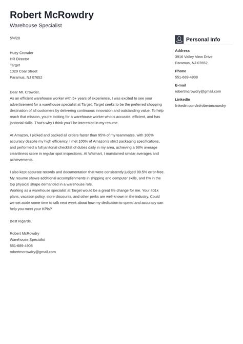 Warehouse Cover Letter Template