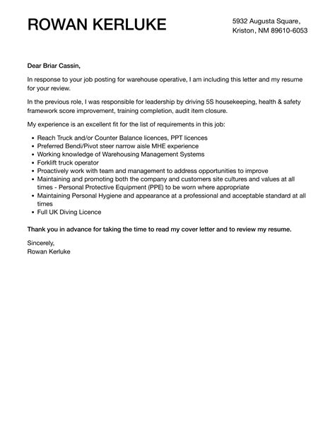 Warehouse Operative Cover Letter