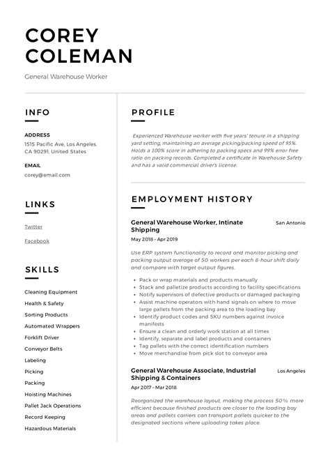 Warehouse Worker Sample Resume