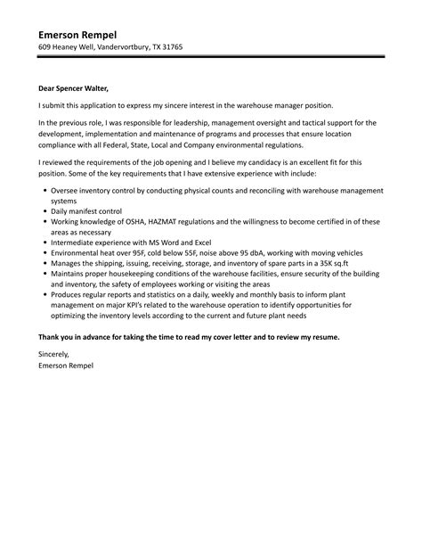 Warehouse Manager Cover Letter Template
