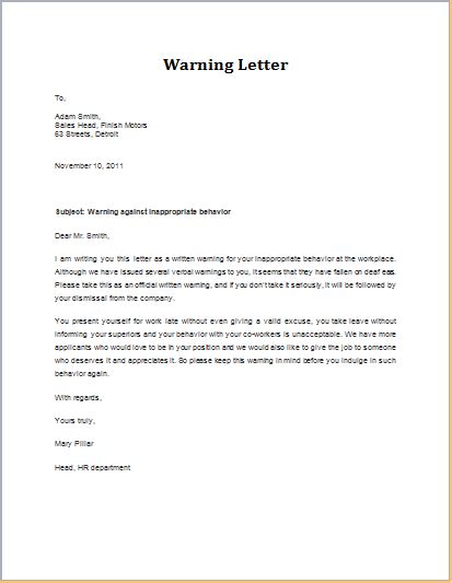 Warning Letter For Inappropriate Behavior at Sample Letters