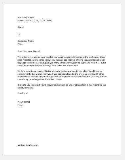 Sample Warning Letter to Employee for Misconduct Download Printable PDF