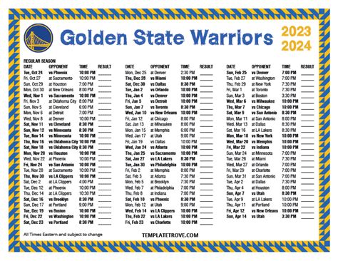 Warriors Printable Schedule 2023 24