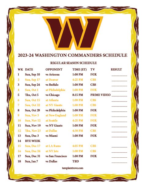 Washington Commanders 2023 2024 Schedule Printable