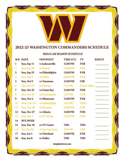 Washington Commanders Printable Schedule 2022