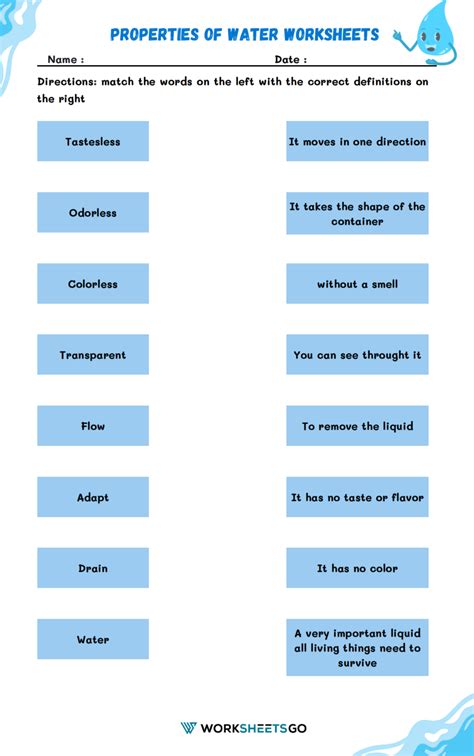 Water's properties worksheet