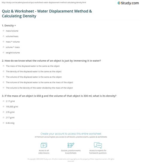 Water Displacement Worksheet Answers