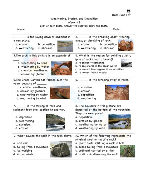 Weathering Deposition And Erosion Worksheet