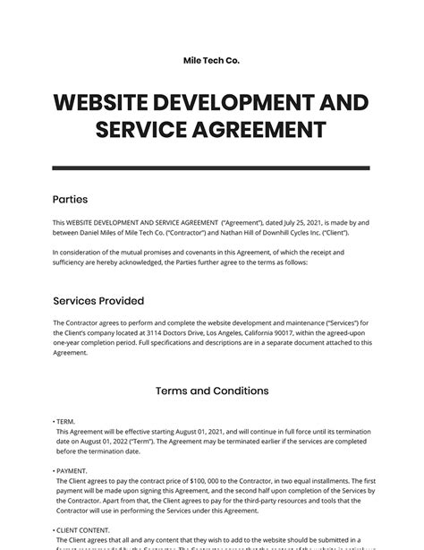 Website Development and Service Agreement Template in Word, Apple Pages