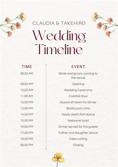 Free Printable Wedding Itinerary Template Printable Templates