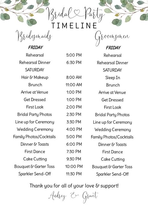 Greenery Wedding Party Timeline Template Bridesmaid Agenda Etsy