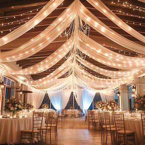 Enchant Your Big Day with Blissful Radiance: Glowing Wedding Ceiling Drapes with Lights