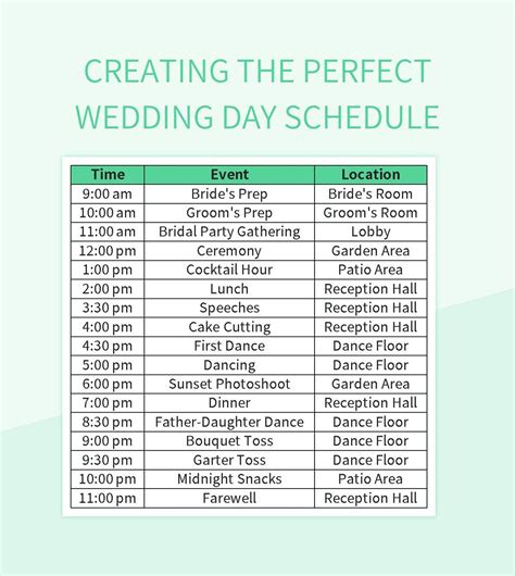 Wedding Day Schedule Template Excel