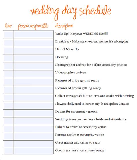 Wedding Day Schedule Template Addictionary