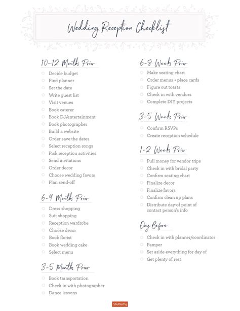 Wedding Reception Checklist Printable