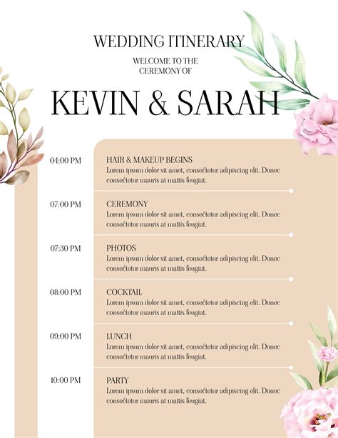 Printable Wedding Itinerary Template Itinerary Template