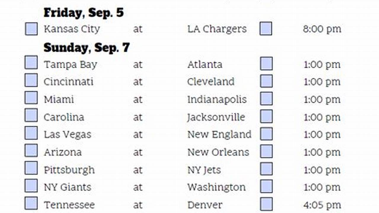 Week 1 Pick Sheet 2024 Nfl