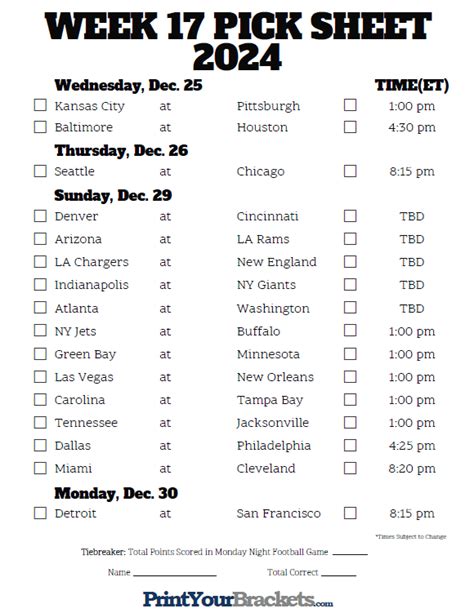 Week 17 Nfl Printable Schedule