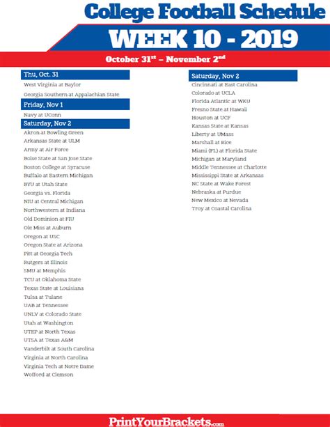 Week 10 Ncaa Football Printable Schedule
