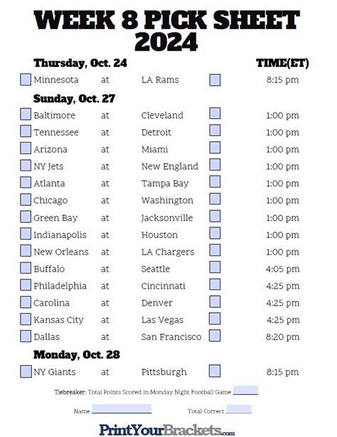 Week 8 Nfl Pick Em Sheet Printable