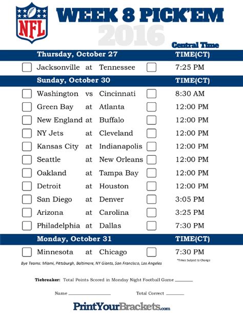 Week 8 Printable Nfl Schedule