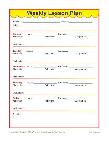 Weekly Lesson Plan Template Elementary