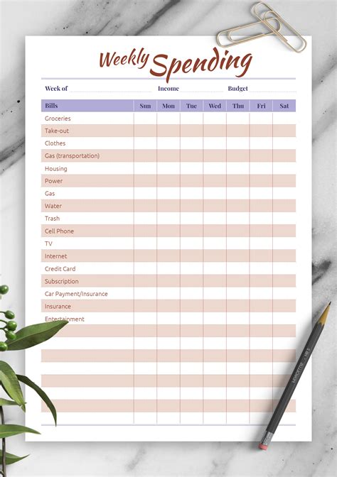 Weekly Check In Spending Tracking Template Printable