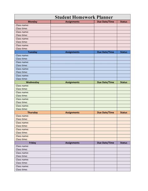 Weekly Homework Planner Template