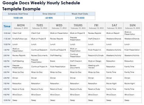 Weekly Hourly Schedule Printable Google Docs