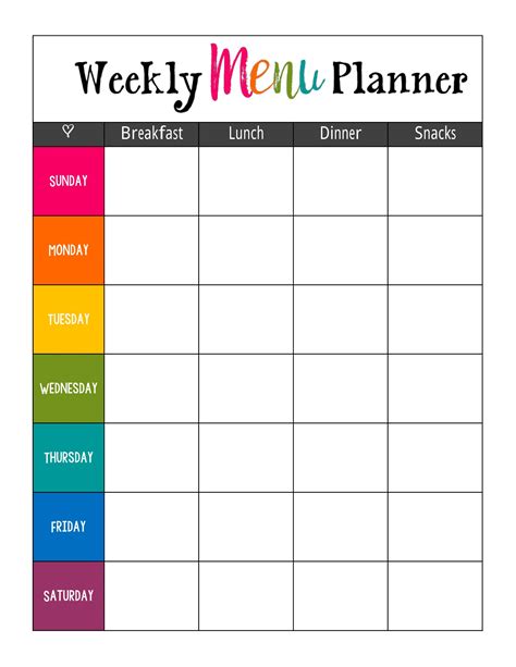 Weekly Menu Calendar Printable