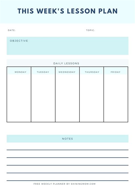 Weekly One Subject Printable Lesson Plan Template