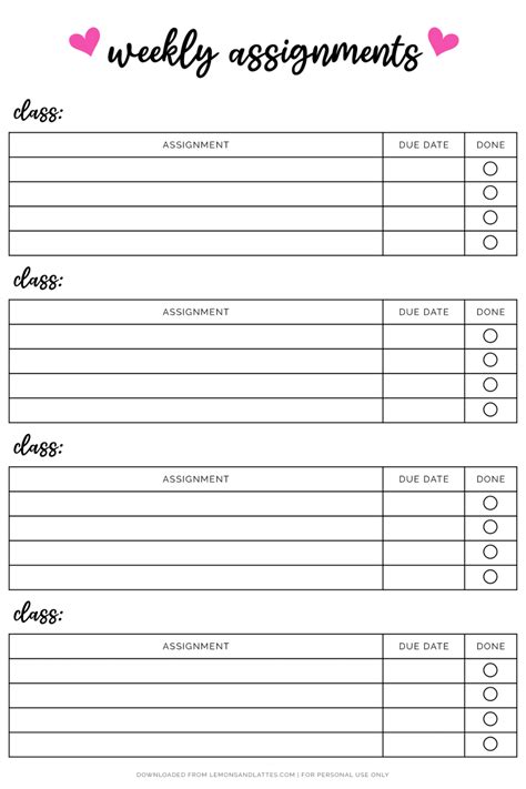 Weekly Schedule Of Assignments Printable