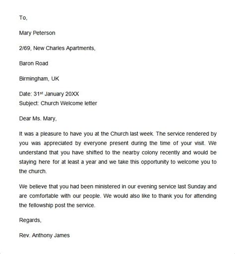 Welcome Letter For Church Visitors Template