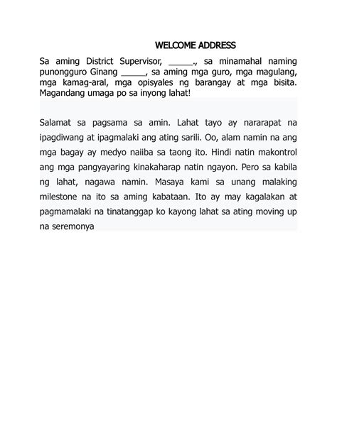 Welcome Speech For Workshop In Tagalog