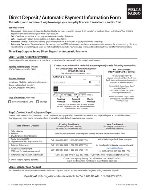 Wells Fargo Direct Deposit Form Printable