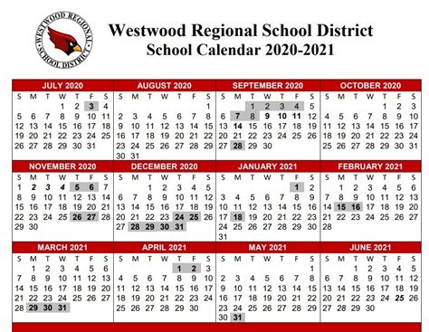 Westwood Elementary Calendar