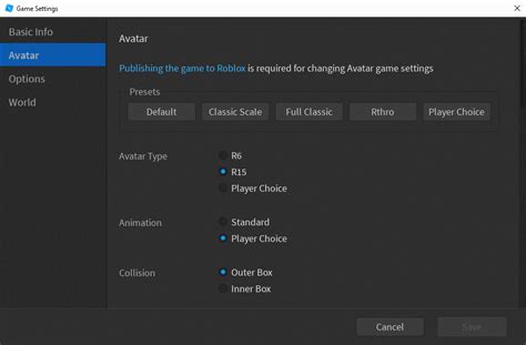 When choosing R6 Avatar Type in Game Settings, Animation and 