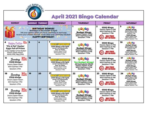 Win River Bingo Calendar