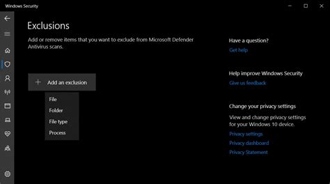 Windows Defender exclusions