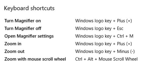 Windows Screen Magnifier Keyboard Shortcuts: