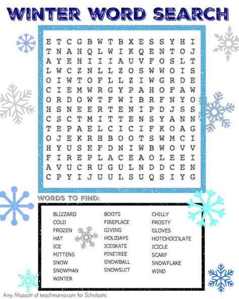 Winter Holiday Word Search Printable