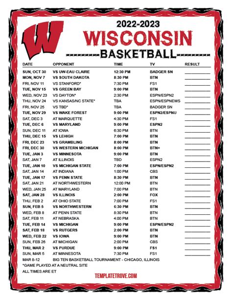 Wisconsin Mens Basketball Printable Schedule