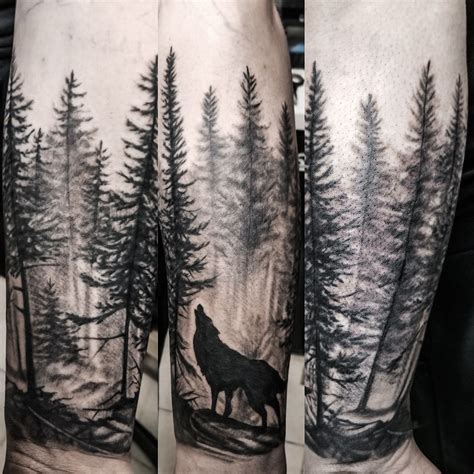 Wolf and forest on Aiden. I like the wolf style Tattoo